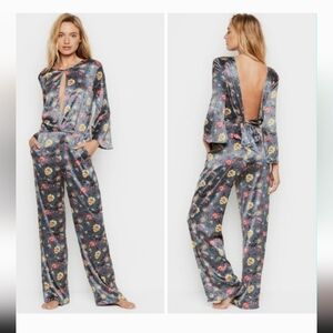 Victoria Secret Satin Jumpsuit Long Open Back Wide Leg Floral
